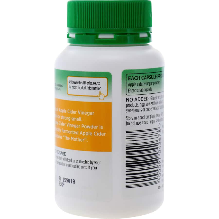 Healtheries apple cider vinegar capsules for wellness; supports digestion, metabolism, and weight management without strong taste.