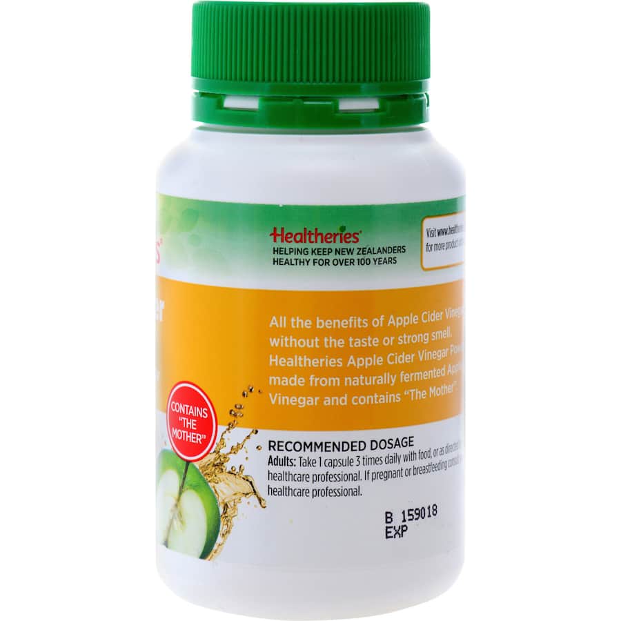 Healtheries apple cider vinegar capsules for health benefits without the taste, supporting digestion and weight management.