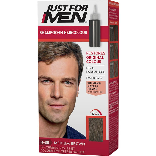 Just For Men Medium Brown Hair Colour, a 5-minute shampoo-in dye that targets grey hair for a natural, rich look.