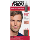 Just For Men Hair Colour in Medium Brown, a quick 5-minute solution to cover greys while nourishing hair for a natural look.