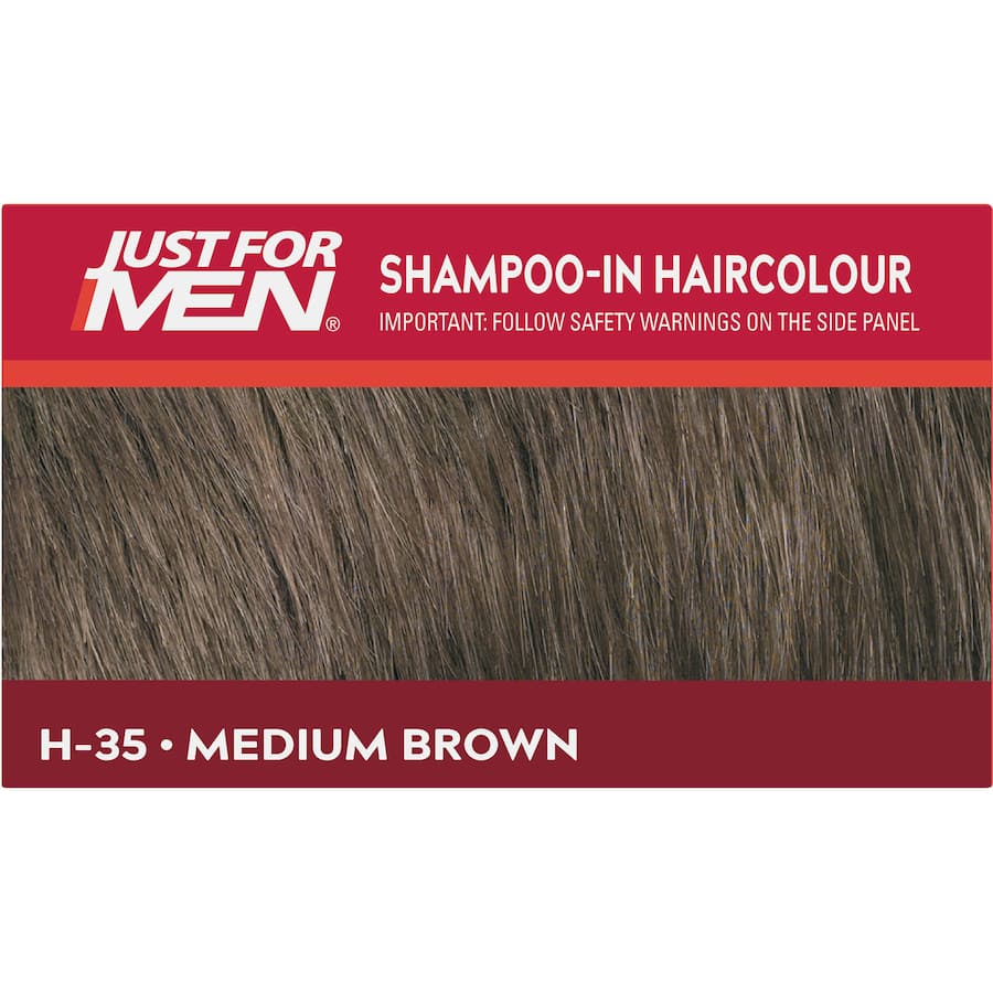 "Just For Men Hair Colour in Medium Brown: fast-acting, ammonia-free dye that targets greys for a natural look in just five minutes."