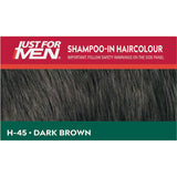 Just For Men Dark Brown Hair Colour, ammonia-free formula for natural grey coverage in just five minutes, enriched with keratin and olive oil.