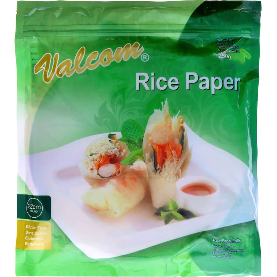 Valcom Asian Rice Paper 22cm, gluten-free, perfect for spring rolls and Vietnamese dishes, easy to use and versatile.