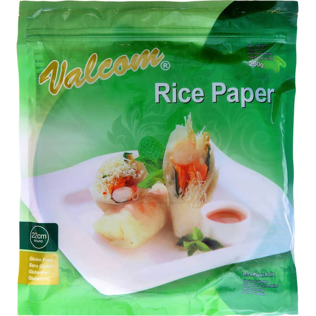 Valcom Asian Rice Paper 22cm, gluten-free, perfect for spring rolls and Vietnamese dishes, easy to use and versatile.