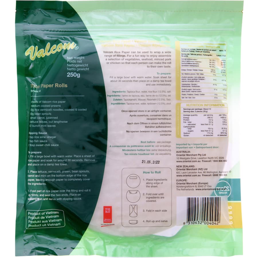 Valcom Asian Rice Paper, 22cm sheets for making fresh rolls, salads, and Asian dishes; gluten-free and easy to use.
