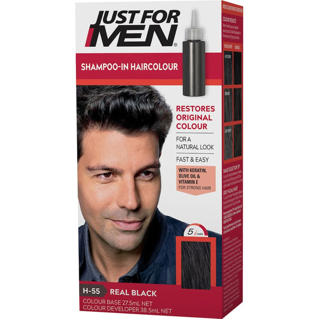 Just For Men Hair Colour in Real Black, a quick shampoo-in formula for natural, vibrant grey coverage with nourishing ingredients.