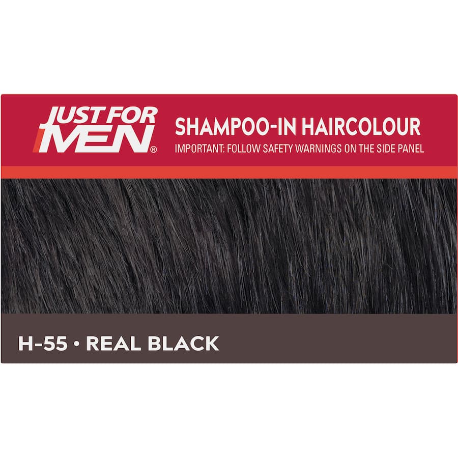 Just For Men Hair Colour Real Black: Fast shampoo-in formula for natural grey-free hair, enriched with keratin and vitamins.