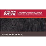 Just For Men Hair Colour Real Black: Fast shampoo-in formula for natural grey-free hair, enriched with keratin and vitamins.