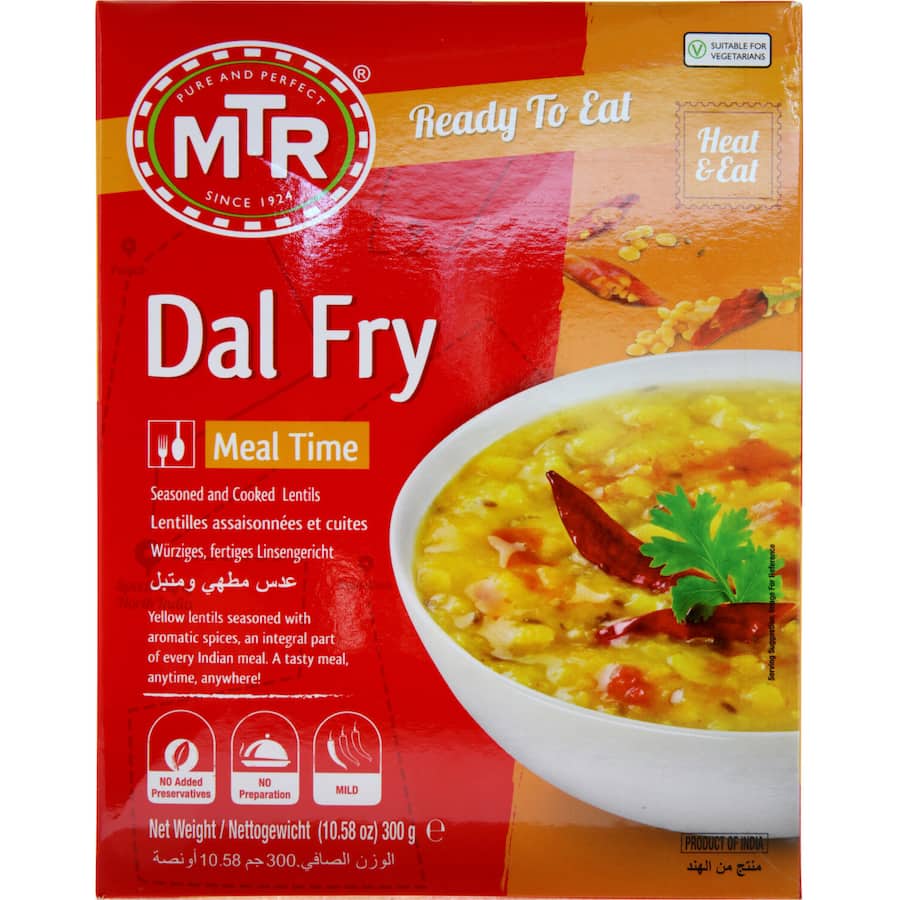 A ready-to-eat MTR Indian Dal Fry featuring lentils and spices, perfect for an authentic Indian meal.