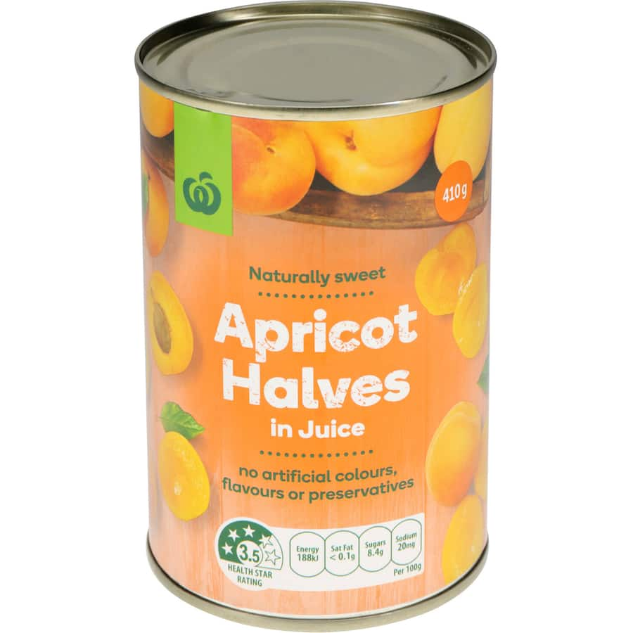 A 410g can of Woolworths Apricot Halves in juice, offering premium quality, juicy sweetness for various recipes and desserts.