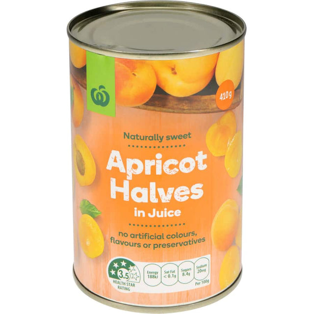 A 410g can of Woolworths Apricot Halves in juice, offering premium quality, juicy sweetness for various recipes and desserts.