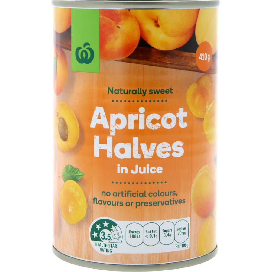 Woolworths Apricot Halves in Juice: succulent, choice-grade apricots in a 410g can, ideal for desserts, salads, and baking.