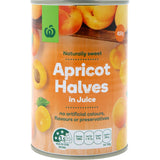 Woolworths Apricot Halves in Juice: succulent, choice-grade apricots in a 410g can, ideal for desserts, salads, and baking.