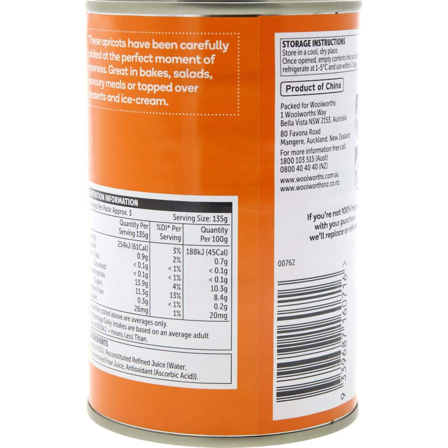 Woolworths Apricot Halves in Juice, 410g can of juicy, ripe apricots perfect for baking, salads, and desserts.