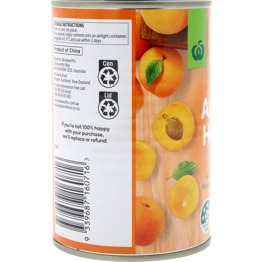 Canned Woolworths apricot halves in juice, perfect for baking, salads, and desserts, ensuring premium taste and quality.