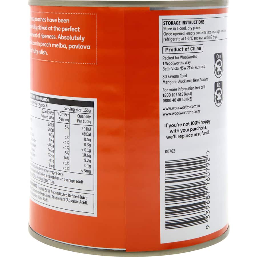 Woolworths Peaches Slices In Juice Can 820g