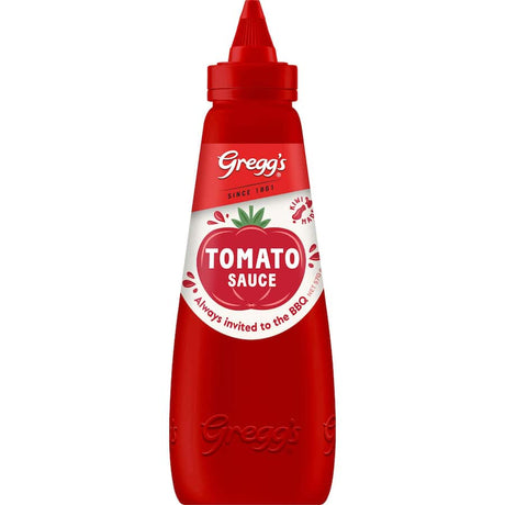 A bottle of Greggs Tomato Sauce Rich Red, ideal for enhancing dishes with its rich, tangy flavor and no artificial additives.