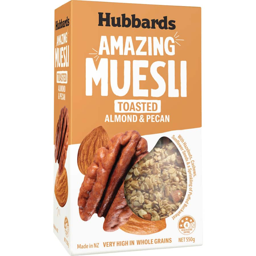 Toasted muesli blend featuring almonds, pecans, hazelnuts, cashews, and crunchy oat clusters, perfect for a nutritious breakfast.