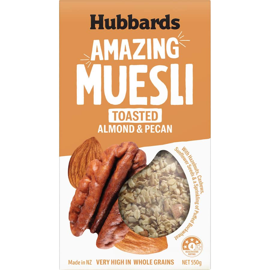 Hubbards Amazing Muesli features toasted almonds, pecans, and oat clusters for a nutritious, crunchy breakfast or snack.