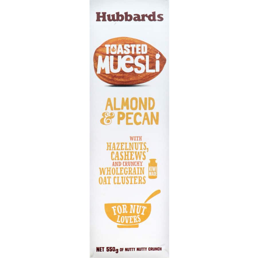 Toasted muesli featuring crunchy oat clusters and gourmet nuts like almonds, pecans, hazelnuts, and cashews.