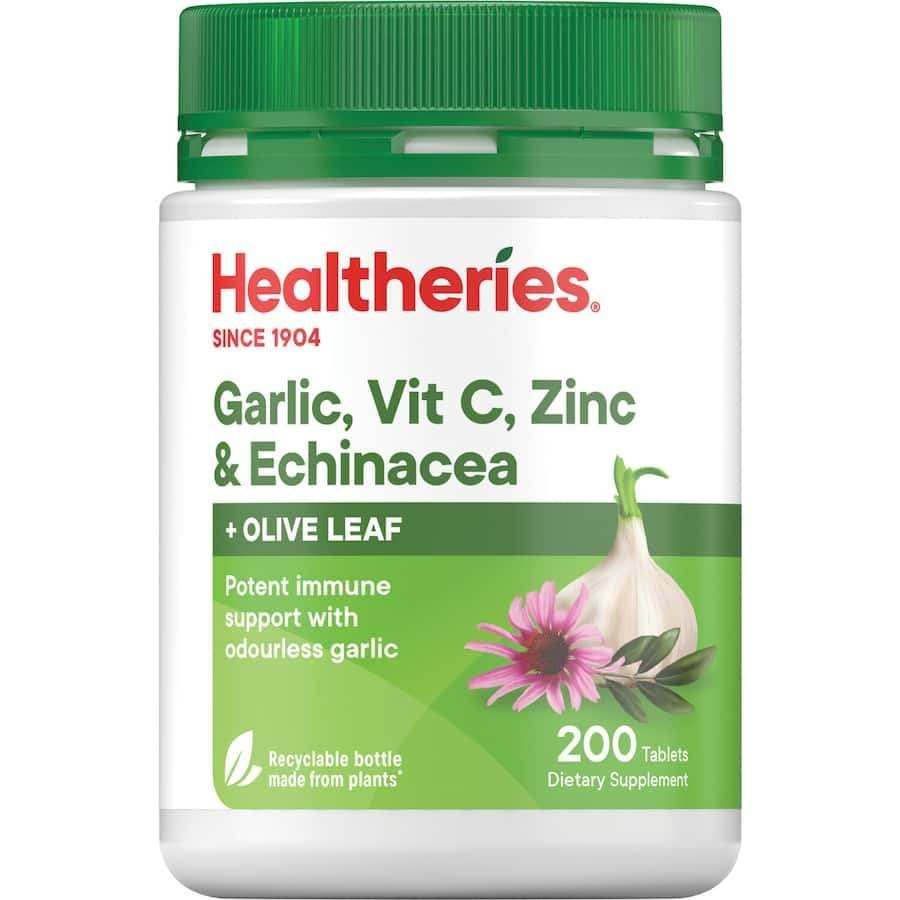 Healtheries Garlic Vitamin C, Zinc & Olive supplement for immune support and overall vitality with natural ingredients.