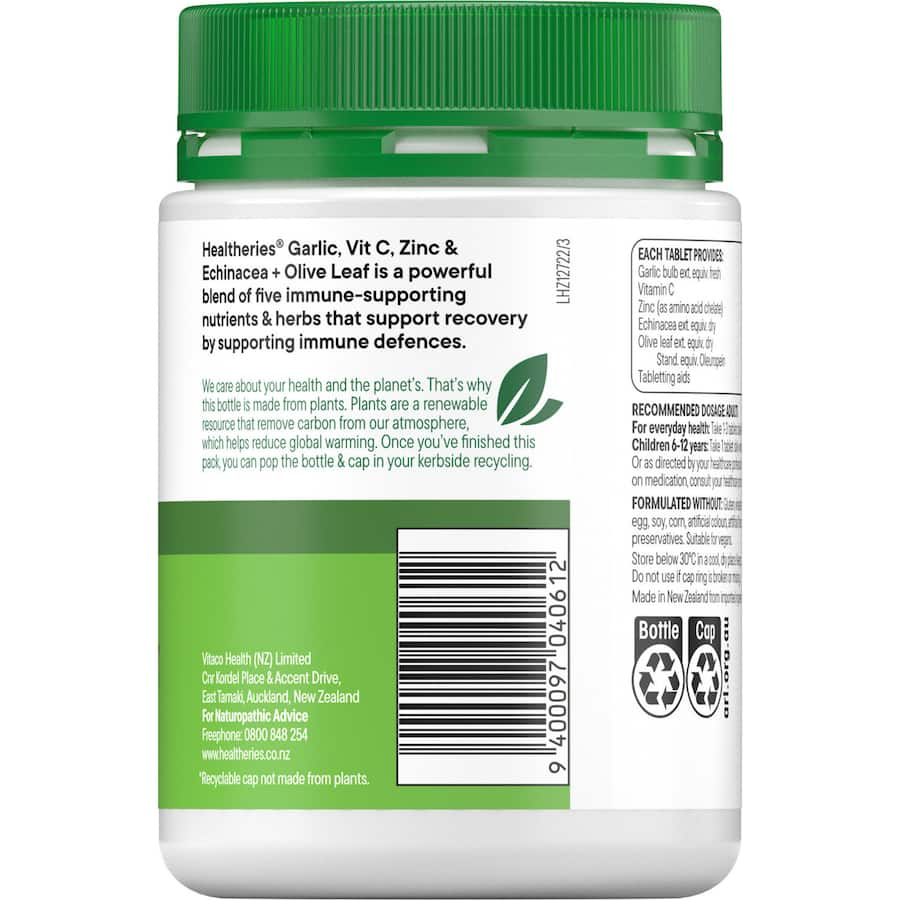 Healtheries Garlic Vitamin C, Zinc & Olive supplement for immune support, skin health, and overall vitality.