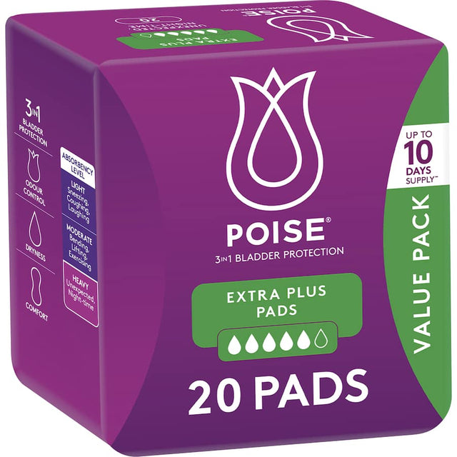 Poise Pads Extra Plus, ultra-absorbent incontinence pads for discreet, comfortable protection against leaks.