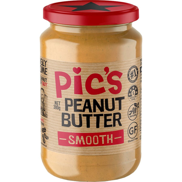 Creamy Pics Peanut Butter Smooth made from premium hi oleic peanuts; rich flavor, no additives, and 50% Australian ingredients.