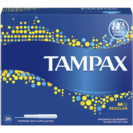 Tampax Regular Tampons for light flow, featuring easy insertion, protective skirt, and up to 8 hours of leak protection.