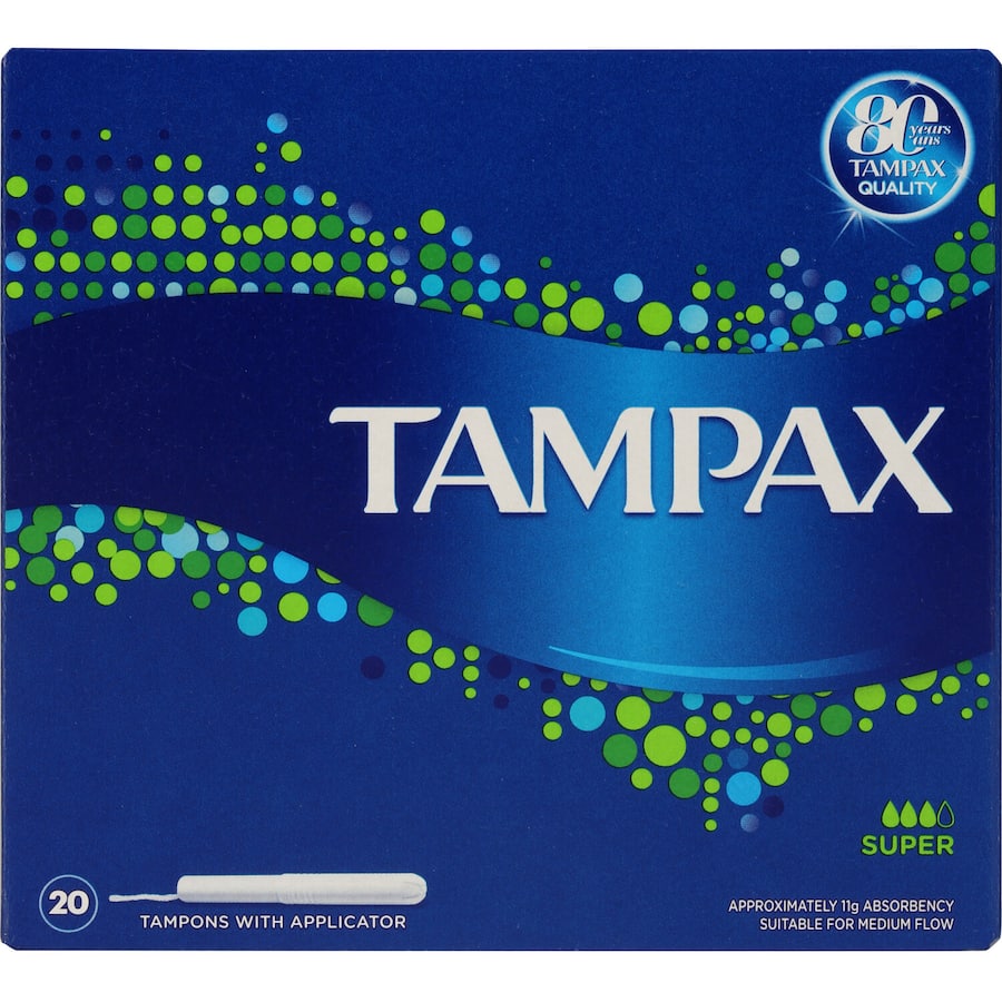 Tampax Super Tampons for Medium Flow with easy-open wrapper, anti-slip grip, and leak protection for up to 8 hours.