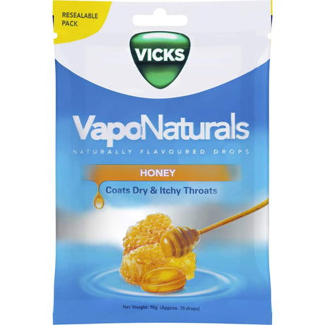 Vicks VapoNaturals Lozenges with honey provide soothing relief for dry, itchy throats with a tasty menthol blend.