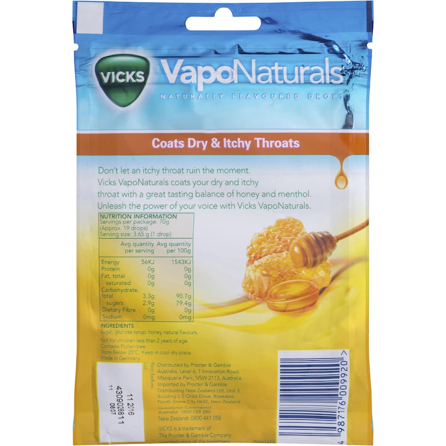 Vicks VapoNaturals Lozenges Honey for soothing throat relief with a blend of honey and menthol for comfort.