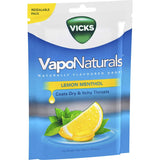 Vicks Vaponaturals Lozenges in Lemon Menthol flavor, offering soothing relief for dry, itchy throats on-the-go.