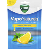 Vicks Vaponaturals Lozenges with lemon and menthol soothe dry throats, providing refreshing relief in convenient, wrapped doses.