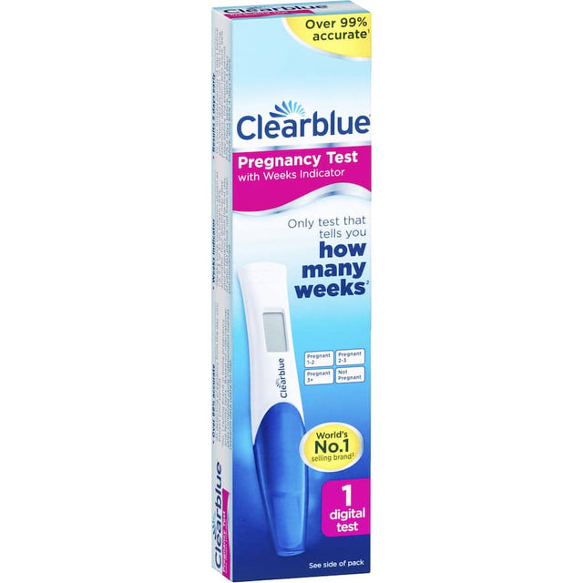 Clearblue Digital Pregnancy Test Kit with smart dual sensor, showing clear digital results and weeks since conception indicators.