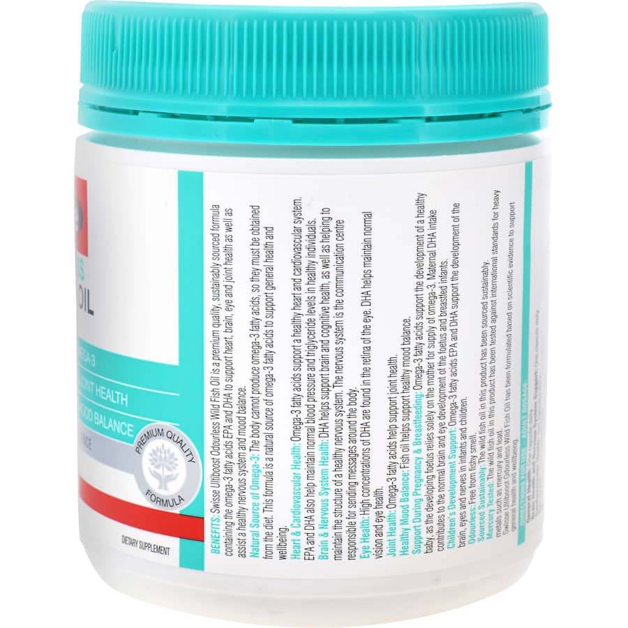 Swisse Ultiboost Fish Oil Wild Odourless - premium omega-3 supplement for heart, brain, eye, and joint health without the fishy taste.