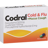 Codral Cold & Flu + Mucus Cough Capsules for relief from headaches, fever, congestion, and cough with powerful ingredients.