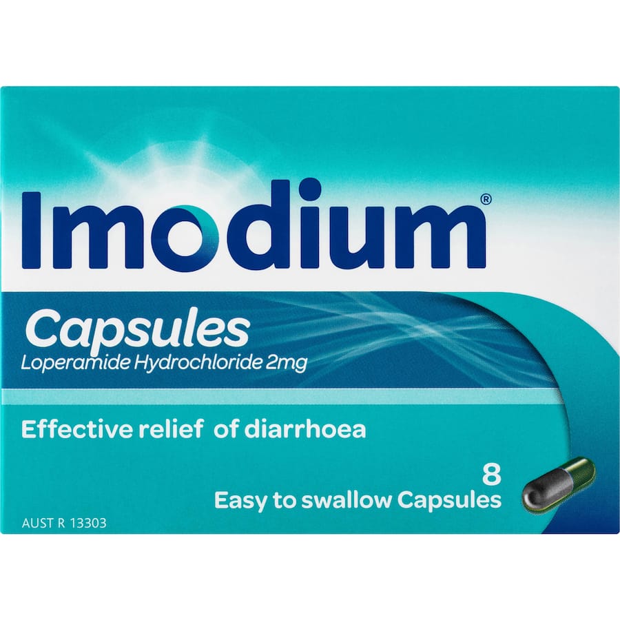 Imodium Diarrhoea Relief 2mg Capsules for quick relief from loose stools, cramping, and abdominal pain. Easy to swallow.