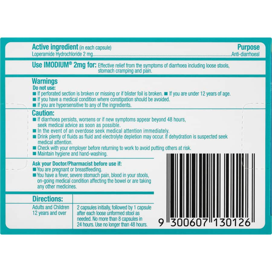 Imodium Diarrhoea Relief 2mg Capsules for fast relief from loose stools, cramps, and abdominal pain.