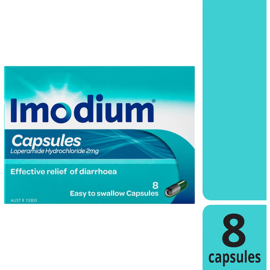 Imodium 2mg Capsules for fast relief from diarrhoea, targeting cramping and loose stools with easy-to-swallow formula.