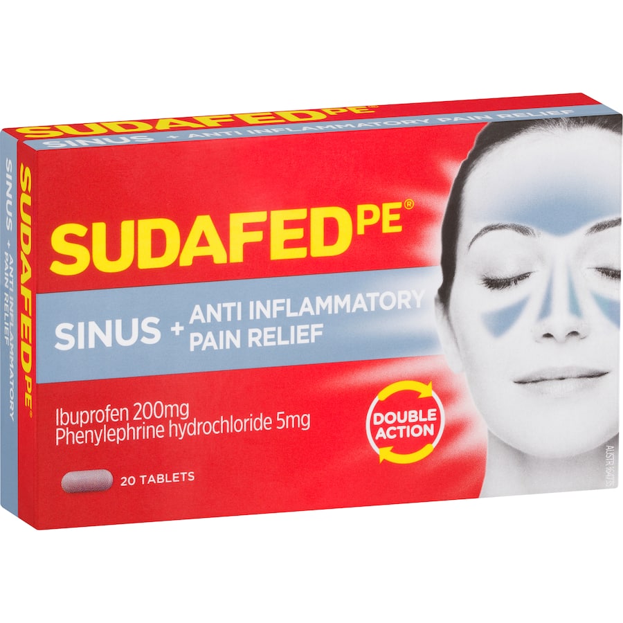 Sudafed PE Cold, Flu & Sinus Remedy tablets for fast relief of sinus congestion, pain, and headaches without drowsiness.