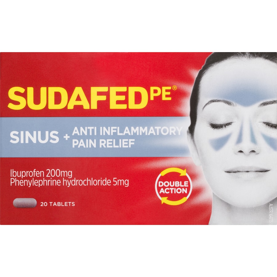 Sudafed PE Cold, Flu & Sinus Remedy: 20 tablets offering fast, non-drowsy relief from sinus congestion, pain, and headaches.