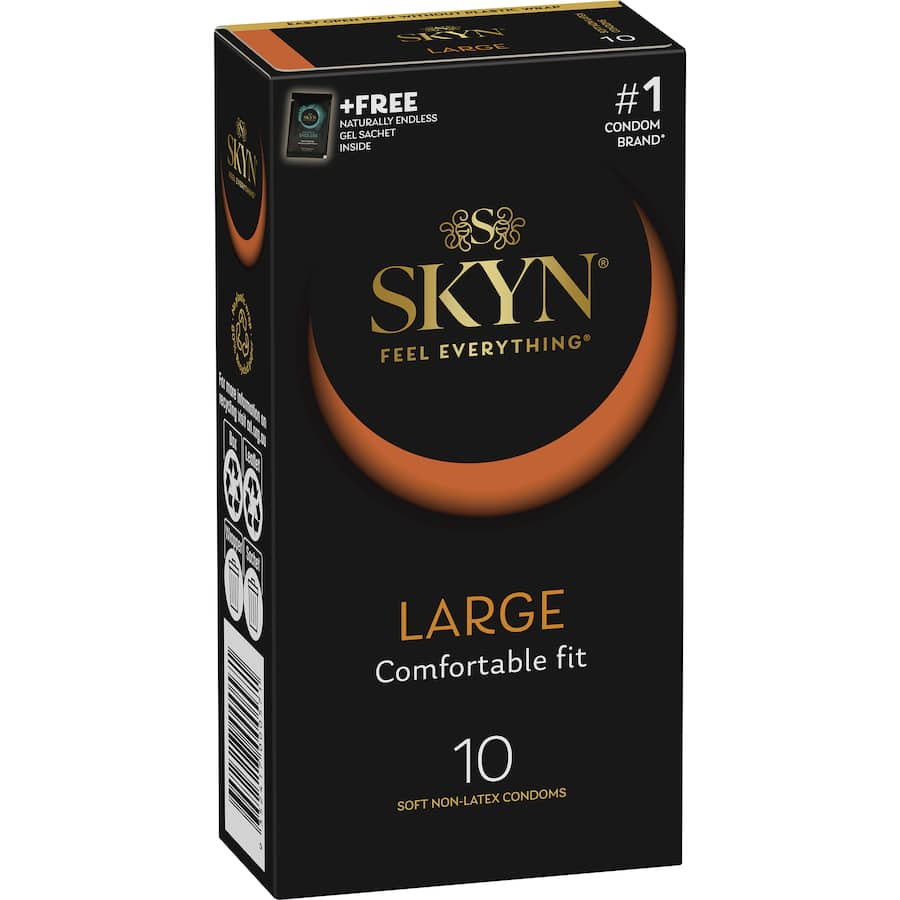 Skyn Large condoms offer a soft, comfortable fit with SKYNFEEL technology for enhanced intimacy and a natural sensation.