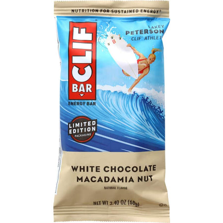 Clif Bar Nutrition Bar in White Chocolate Macadamia flavor, featuring organic oats, macadamia nuts, and white chocolate chunks.