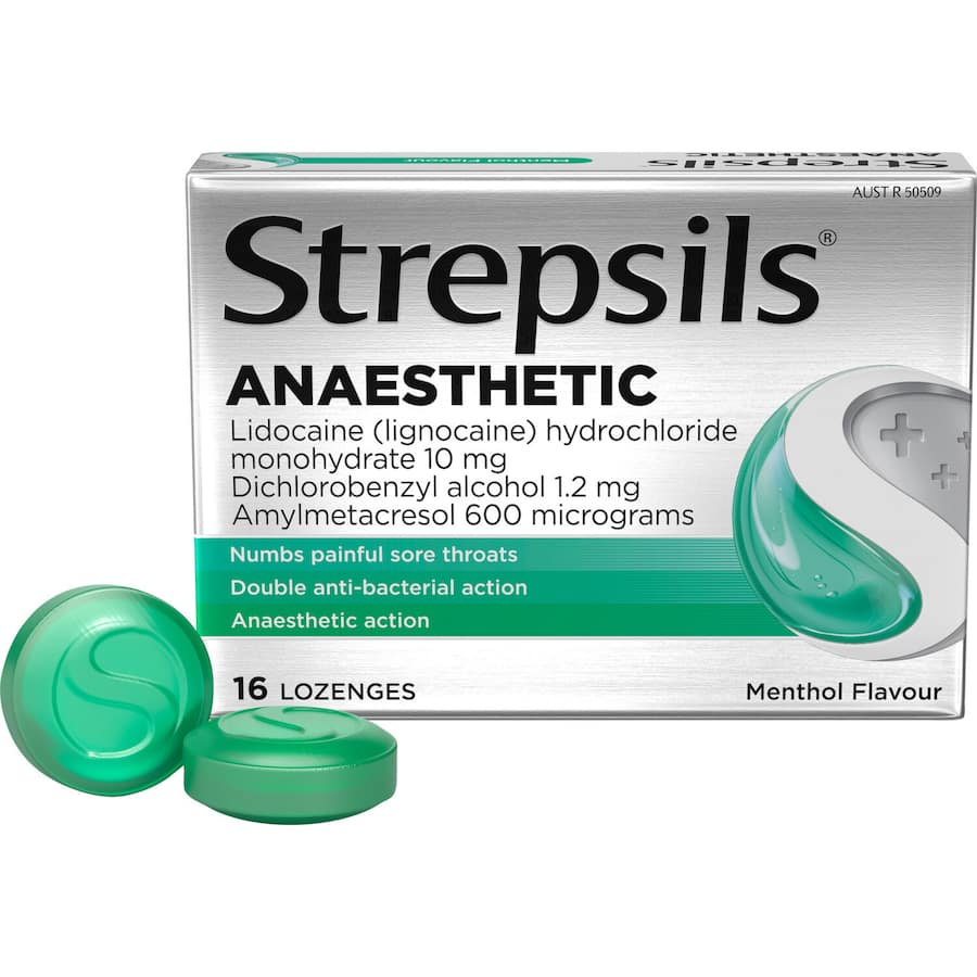 Strepsils Plus Lozenges for sore throat relief, featuring anaesthetic and dual antibacterial properties for fast comfort.