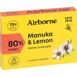 Airborne Lozenges with Manuka Honey & Lemon: soothing throat relief, immune support, and refreshing lemon flavor.