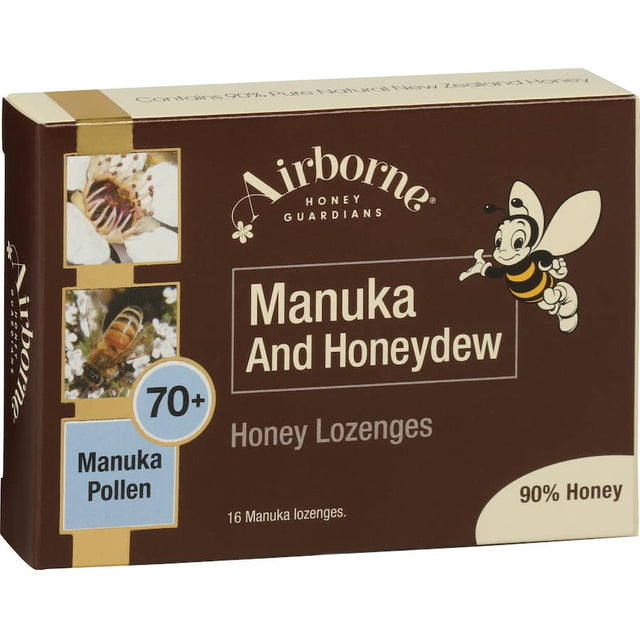 Airborne Lozenges with Manuka & Honeydew, promoting immune health and soothing throats with natural ingredients.