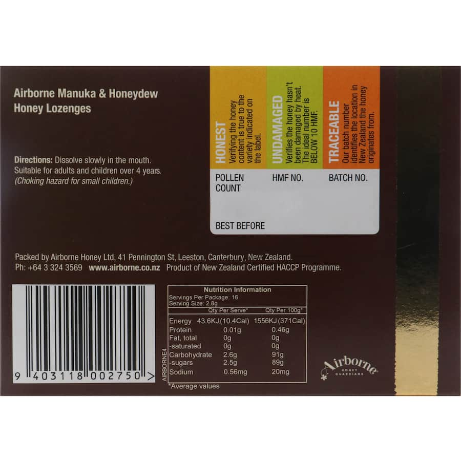 Airborne Lozenges with Manuka & Honeydew, supporting throat wellness and immune health with natural ingredients.