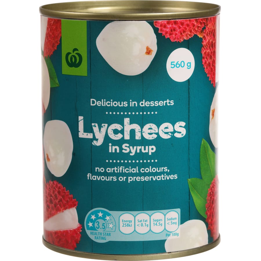 Woolworths lychees in syrup, juicy and sweet, perfect for desserts without artificial additives.