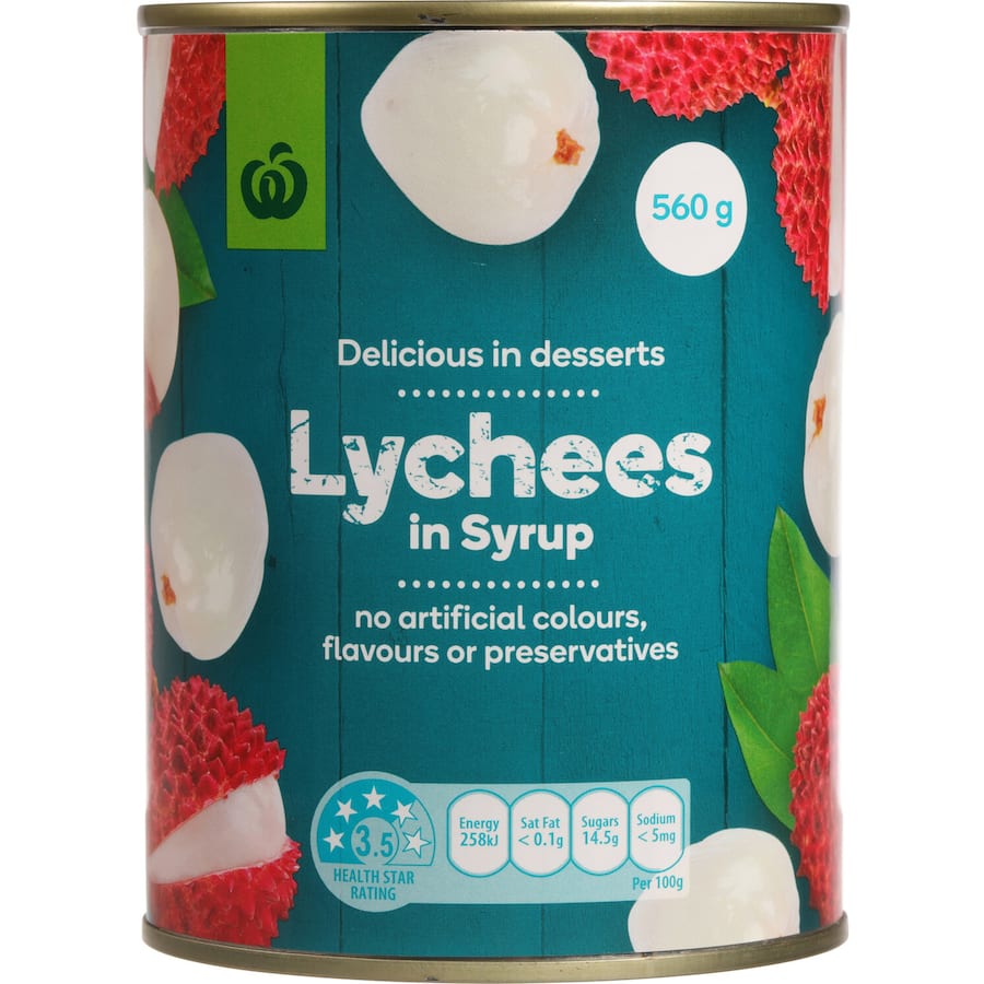 Woolworths Lychees in Syrup: juicy lychees in sweet syrup, perfect for desserts and Asian dishes, with no artificial additives.